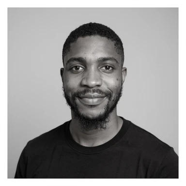 A professional portrait of me in monochrome. Plain black crew neck shirt. Tailored to LinkedIn. Tech boy vibe (programmer). I’m a black man from Nigeria. Retain facial features from attached image. Make face smoothie and healthy. No accessories. Light gray background to make subject more visible. sticker