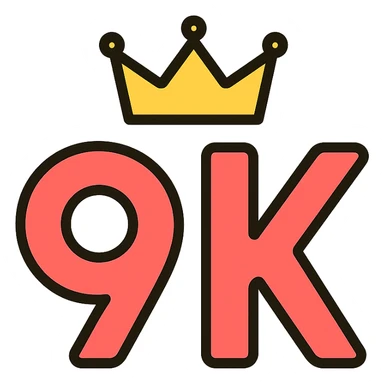 the lettering '9k' with a crown on top, visually balanced, suitable for a logo, clean design sticker