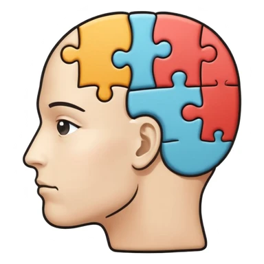 Minimalistic flat vector icon, iOS style, thin black contour on white background. Human head profile with a brain inside, split into puzzle pieces. No text, no shadows. sticker
