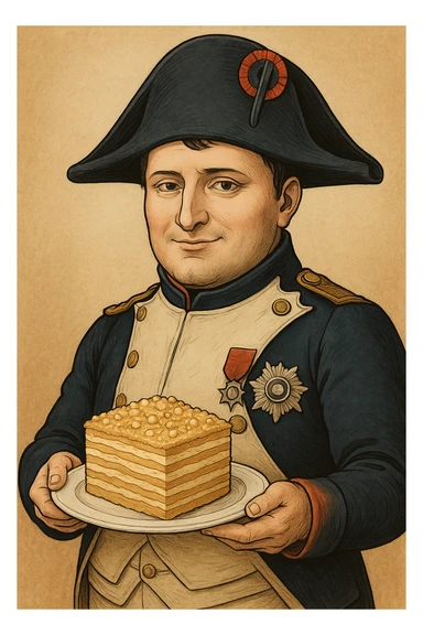 Используя такую стилистику сгенерируй Наполеона Бонапарта, который довольный держит в руках тарелку с тортом Наполеон, будто презентуя ее зрителю sticker