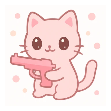 cute pink cat holding a pink gun, soft colors, big eyes, playful expression sticker