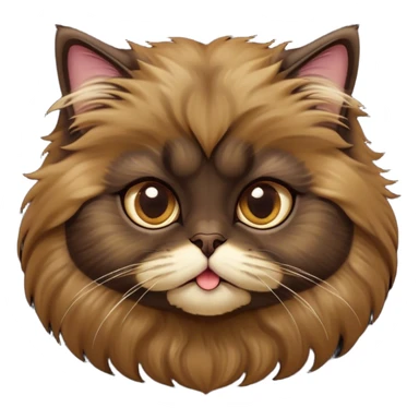 Cinematic Adorable Big-Eyed Fluffy Dark Brown Persian Cat Portrait Emoji, Head tilted playfully with a sweet expression, fluffy dark brown fur with rich caramel and gold undertones, Simplified yet irresistibly cute features with large, expressive eyes, highly detailed, glowing with a warm and gentle glow, high shine, a mix of affectionate and curious, stylized with a touch of whimsy, bright and full of charm, soft glowing outline, capturing the essence of a fluffy, loving kitty with oversized eyes, so endearing it feels like it could leap out of the screen and cuddle with you instantly! sticker