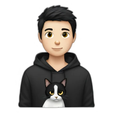 black haired and white skin boy who wears hoodie holds a black cat sticker