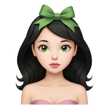 The woman has long black hair with green ribbon bows, light brown eyes, fair skin, and a heart-shaped face. She wears soft makeup, a muted rose lip, and a strapless olive green top. sticker