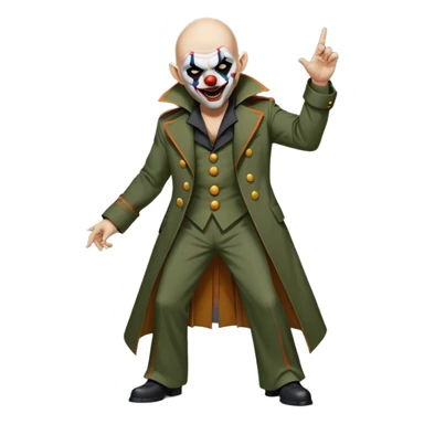 evil clown, bald, small black horns on forehead, fangs, pointed ears, eye patch over one eye, long coat over black and military green leisure suit with bellbottom pants, realistically proportioned, less bulky, full body, battle-ready, fighting posture sticker