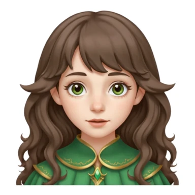 A young woman with medium length brunette wavy hair, with curtain bangs. Has pale ivory skin, rosy cheeks, and has freckles dusting the cheeks and nose. Has hazel green/gray eyes, and long elf ears. sticker