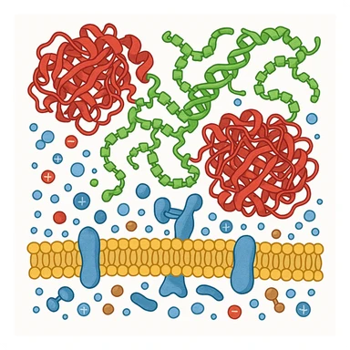 Ultra-realistic scientific illustration of enzymatic starch digestion at the cellular level, rendered in textbook-accurate detail. Show:

Multiple amylase enzyme molecules (red, with clear tertiary structure showing alpha-helices and beta-sheets) actively cleaving
Starch polymers (green amylose/amylopectin with accurate glucose unit linkages - α(1→4) and α(1→6) branches)
Cell membrane segment (yellow phospholipid bilayer with integral proteins and cholesterol molecules)
Reaction environment (blue water molecules, ionic interactions, pH-sensitive groups)
Molecular interactions (hydrogen bonds, substrate-enzyme transition state, electron cloud textures)
Technical Specifications:

Background: Pure white (#FFFFFF)
Accuracy: PDB-level structural correctness (reference 1SMD for amylase)
Exclusions: No labels
Special Details to Include:

Catalytic triad (Asp197, Glu233, Asp300) in amylase active site
Starch helix distortion during hydrolysis
Membrane protein channels for glucose transport sticker