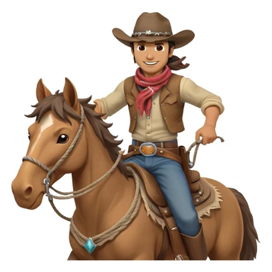 clash-of-clans-aesthetic_-cinematic-playful-cowboy-portrait-emoji, head-tilted with a roguish, cheeky grin and twinkling eyes, featuring a rugged, spirited build with a wide-brimmed cowboy hat and a weathered bandana on tan skin, riding a powerful galloping horse with dynamic flowing mane, reins gripped firmly in one hand and a lasso in the other, as dust swirls behind them in a vast desert landscape. sticker