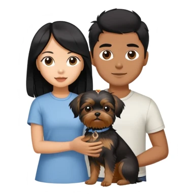 A beautiful Asian girl with long black hair is holding a small Yorkshire Terrier. She is standing next to her brown skinned boyfriend, who is holding a Shih Tzu. They are each holding one dog each sticker