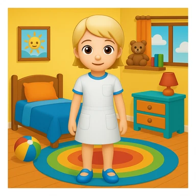 Add a colorful bedroom background with bright walls, playful decorations, and a cozy rug. Keep the room tidy and inviting in emoji style sticker