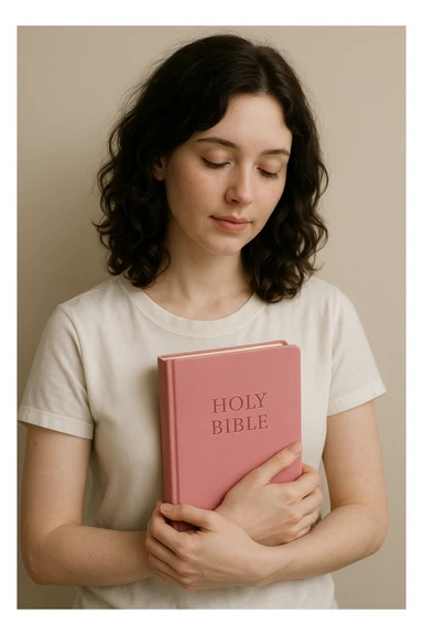 Pale-skinned woman with wavy brunette hair, white t-shirt, holding a pink Bible, gentle and calm pose, simple background sticker