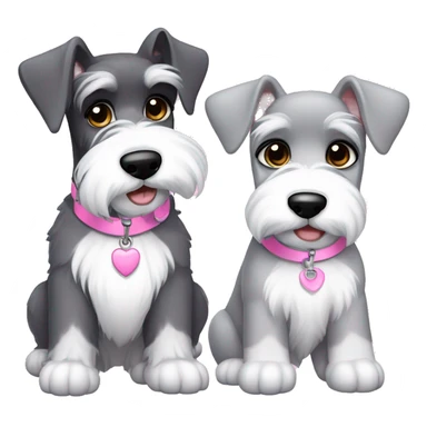 One big gray schnauzer with dark eyes that’s wearing a black collar with a silver tag next to a small all white puppy schnauzer that’s wearing a pink collar sticker