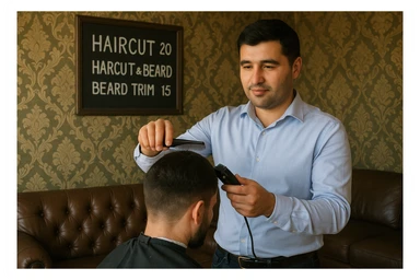 Draw me a picture of a barbershop that looks like this guy working in a barbershop. The barbershop doesn't have to be very modern. It should be on a medium floor. Also draw a blackboard on the wall. It should have the prices for haircuts there. sticker