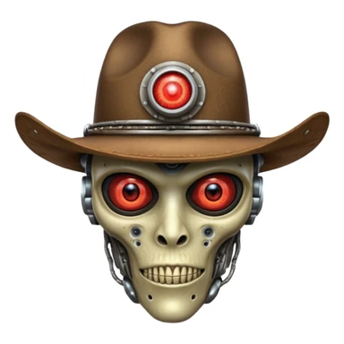 Close-up portrait of a biomechanical alien cowboy, half organic half robotic face, metallic textures blending with alien skin, glowing red eye, futuristic cowboy hat, moody lighting, ultra realistic detail, cyber-western style
 sticker