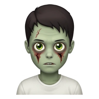 Um garoto zombie de cabelo castanho escuro, quase preto, com um cabelo médio, com olhos castanhos esverdeados, de camisa branca sticker