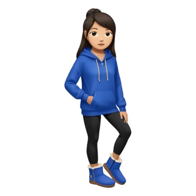 A pretty white/asian tanned girl with medium long strait dark brown almost black hair wearing a royal blue hoodie and black leggings pretty tan with Ugg slippers sticker