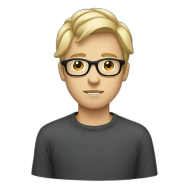 thin white teenager with blond hair.  He is cross-eyed and wears black glasses.  he has a triangular shaped head.  he's also wearing a gray sweater sticker