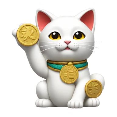 Japanese white maneki neko cat with its right arm raised and its left arm holding a golden koban coin sticker