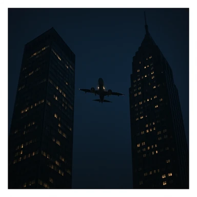 two skyscrapers and a plane that flyes to them, realism style, nighttime sticker