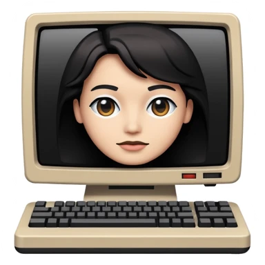 White and black 80s computer with face sticker