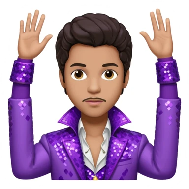 Prince Rogers Nelson with dark brown hair, purple sequin jacket, white shirt sticker
