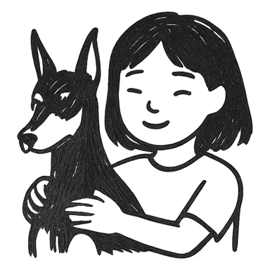 A medium black hair Asian girl holding a Doberman sticker