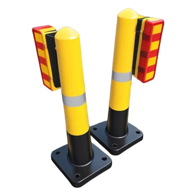 Two reflector-equipped traffic bollards with a caution tape stretched between them, marking a restricted or blocked area sticker