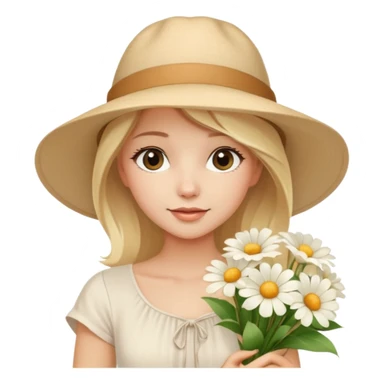 beautiful model blonde girl in a summer beige hat in a beautiful white top with a bouquet of white flowers sticker