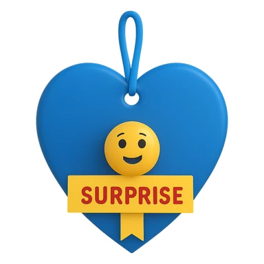 Change the heart-shaped gift tag to blue, keep the name 'Surprise' in 3D emoji style. sticker