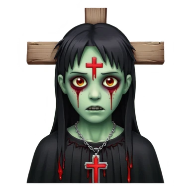 zumbi verde com olhos vermelhos sangrando e franja roupa preta e um crucifixo como colar sticker