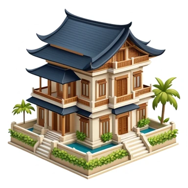 Balinese mansion, isometric dollhouse-style, realistic sticker