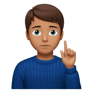 man in black knitted sweater in thinking pose, blue eyes brown hair, index finger touching his chin, eyes looking up to the top right sticker