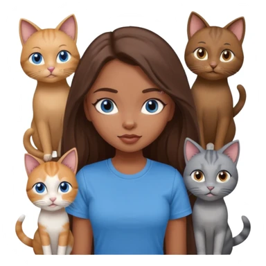 a pretty bratz dusky girl with long brown hair, blue eyes with six cats nd wearing a grey tshirt sticker