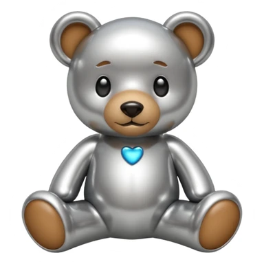 A cute teddy bear emoji made of liquid silver chrome, smooth rounded body, glossy metallic surface, soft reflections, friendly proportions, iOS emoji style, centered, clean white background sticker