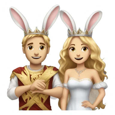Two rabbits a girl and boy they both have crowns on because they are a queen and king. Boy has blonde hair, girl has long brown hair. They are holding a sign saying Team Bunny Forever  sticker