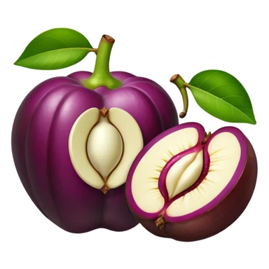 whole mangosteen with thick deep purple rind and green segmented calyx on top, next to a halved fruit revealing glossy white segmented flesh inside, soft juicy interior, firm outer shell, no leaves plate or extras, apple emoji style, soft lighting, subtle shadows, transparent background, emoji scale sticker