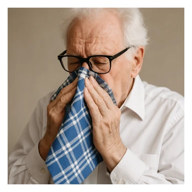 old man with white hair, white skin, black-framed glasses, wearing a white shirt, blowing his nose on a large thick blue and white checkered handkerchief sticker