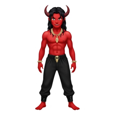 Satan with red skin, long black hair, black sequin baggy pants, shirtless with necklace sticker