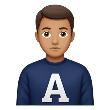man wearing a dark navy sweater with a giant white letter A on the upper right of the chest in collegiate font sticker