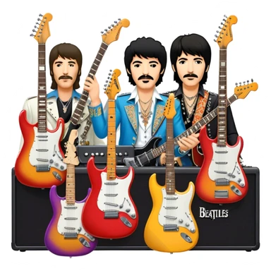 Rock music icon: collage of legendary rock stars—The Beatles, Jimi Hendrix, Elvis Presley, Queen, Nirvana, Led Zeppelin. Electric guitars, amplifiers, and microphones surrounded by vibrant stage lights and musical notes. Transparent background. sticker