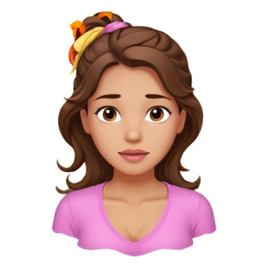 girl with wavy long ponytail brown hair, brown eyes, light to medium complexion, long lashes, light pink lipstick, wearing light pink shirt, in a sauna sticker