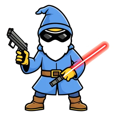 Wizard with ski mask on and gun with laser beam sticker