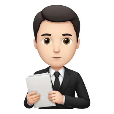 A white man in a black suit stands with a serious face and points at his hand holding papers. sticker