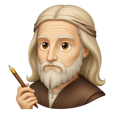 Cinematic Realistic Leonardo da Vinci Portrait Emoji, depicted as the quintessential Renaissance polymath with deep, thoughtful eyes, a flowing beard, and a quill or sketchbook in hand. The scene is illuminated with warm, classical lighting, evoking the atmosphere of a master artist’s workshop, surrounded by early sketches of inventions and masterpieces like the Mona Lisa. sticker