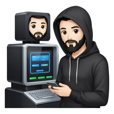 hackeur blanc cheveux noir barbe et capuche noir à côté d'un server ia sticker