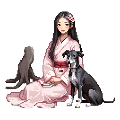 A young Chinese girl with long black hair and a dark grey Italian Greyhound with absolutely no white marks on its body or nose sitting under a cherry blossom tree sticker