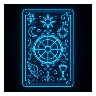 a neon blue tarot card, luminous, with ornate symbols, dark backdrop sticker