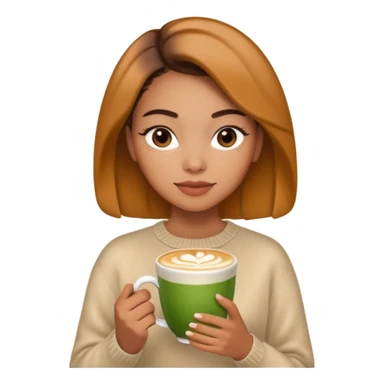 Mixed-race woman with caramel skin, wearing a beige cashmere sweater, holding a cup of matcha latte sticker