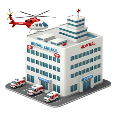 3d hospital outside, with text hospital, ambulance, helicopter , no background sticker