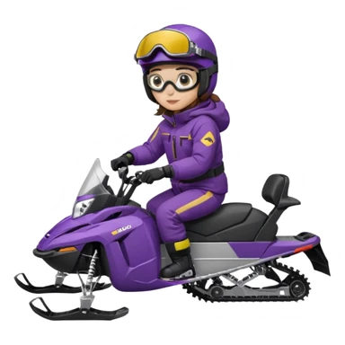 Brown hair, ski-doo jacket and pants ski doo boots helmet and goggles, dark purple sled Sitting on dark purple snowmobile goggles and helmet not covering my face brown eyes white skin sticker
